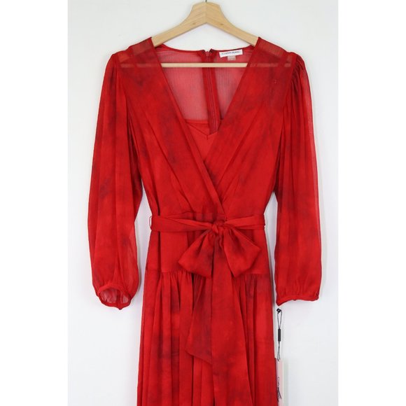 NWT Calvin Klein Chiffon Tie Waist Maxi Dress Surplice V-Neck Long Sleeve Red 6 - Picture 5 of 8